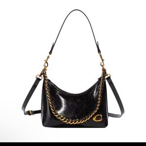 Black Pu Leather Shoulder Bag with Gold Chain